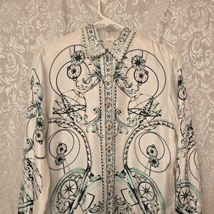 Escada Margaretha Ley silk blouse telescopes vintage map compasses size 40